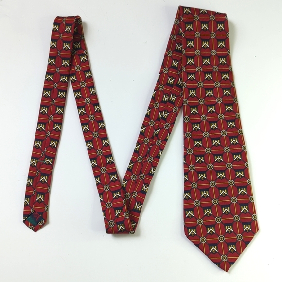 Tommy Hilfiger 90's Vintage Crest Banner Printed Italian Silk Neck Tie Red Navy - Picture 4 of 10